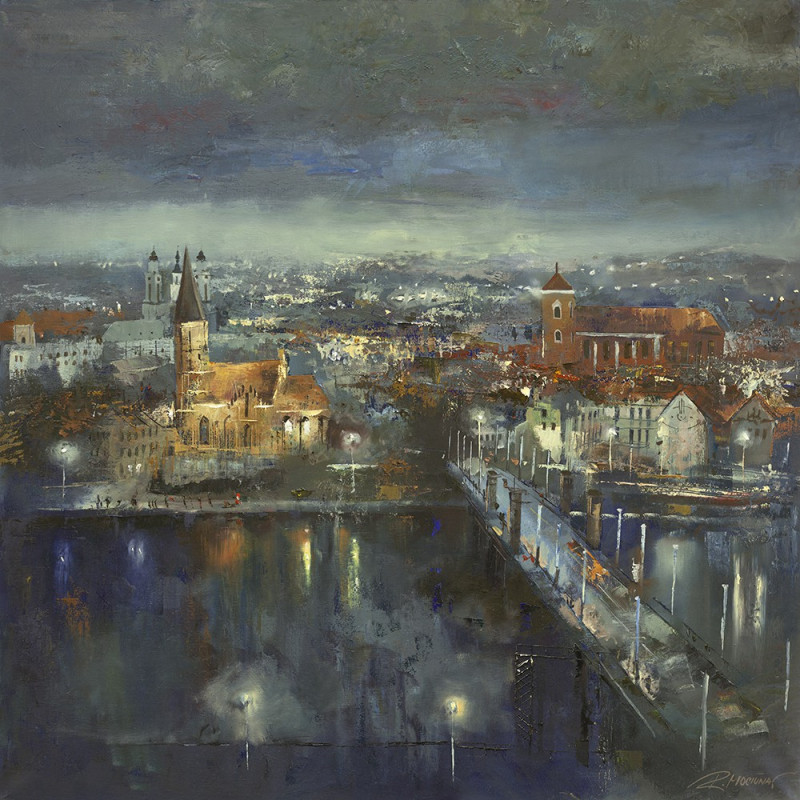 Night Kaunas reproduction of painting by Rolandas Mociūnas. Oil painting reproduction