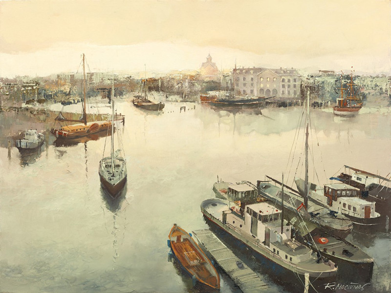 Sea Port Panorama reproduction of painting by Rolandas Mociūnas. Marinistic