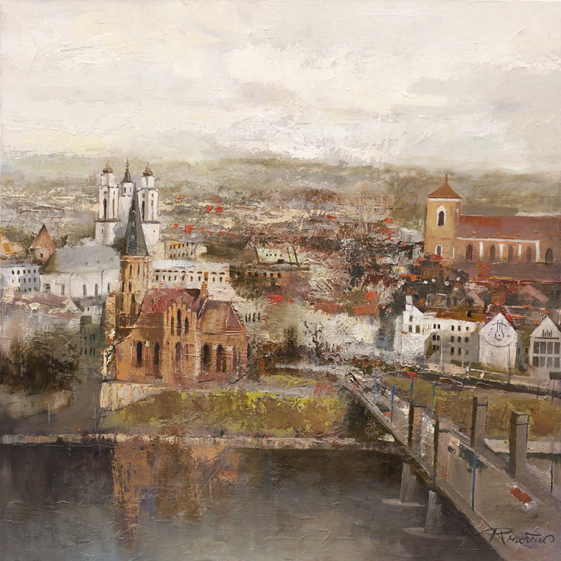 Panorama reproduction of painting by Rolandas Mociūnas. Urbanistic - Cityscape