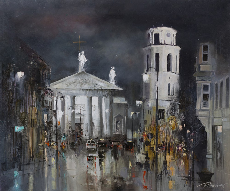 Vilnius in the Night reproduction of painting by Rolandas Mociūnas. Oil painting reproduction