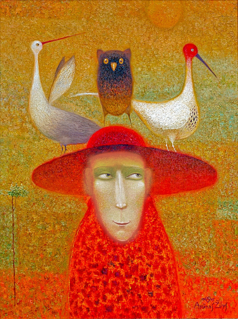 Two Birds And An Owl reproduction of painting by Arūnas Žilys. Arūnas Žilys artwork prints