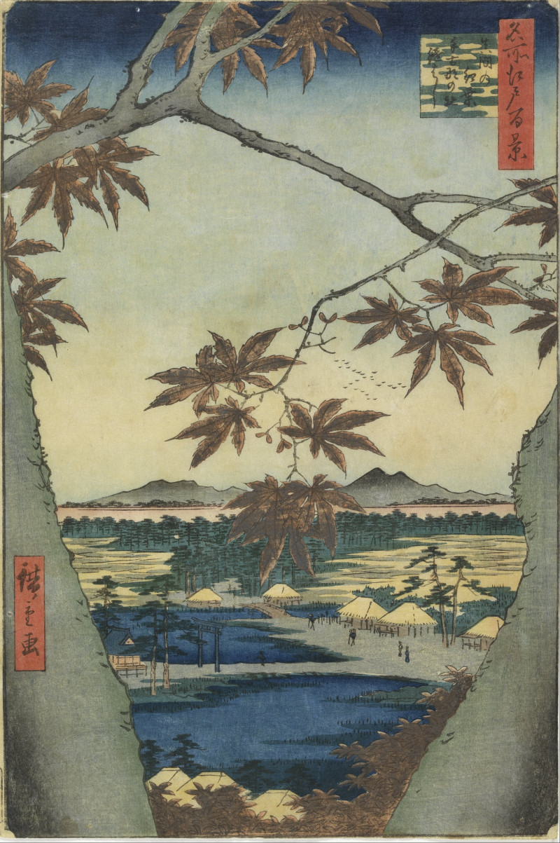 The Maple Leaves Of Mama, Tekona Shrine And Tsugi Bridge reproduction of painting by Utagawa Hiroshige. Classic paintings rep...