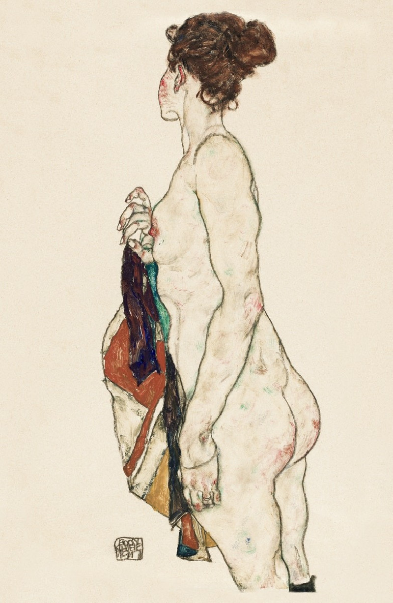 Egon Schiele reprodukcija Standing Nude woman with a Patterned Robe, Aktas , paveikslai, reprodukcijos internetu