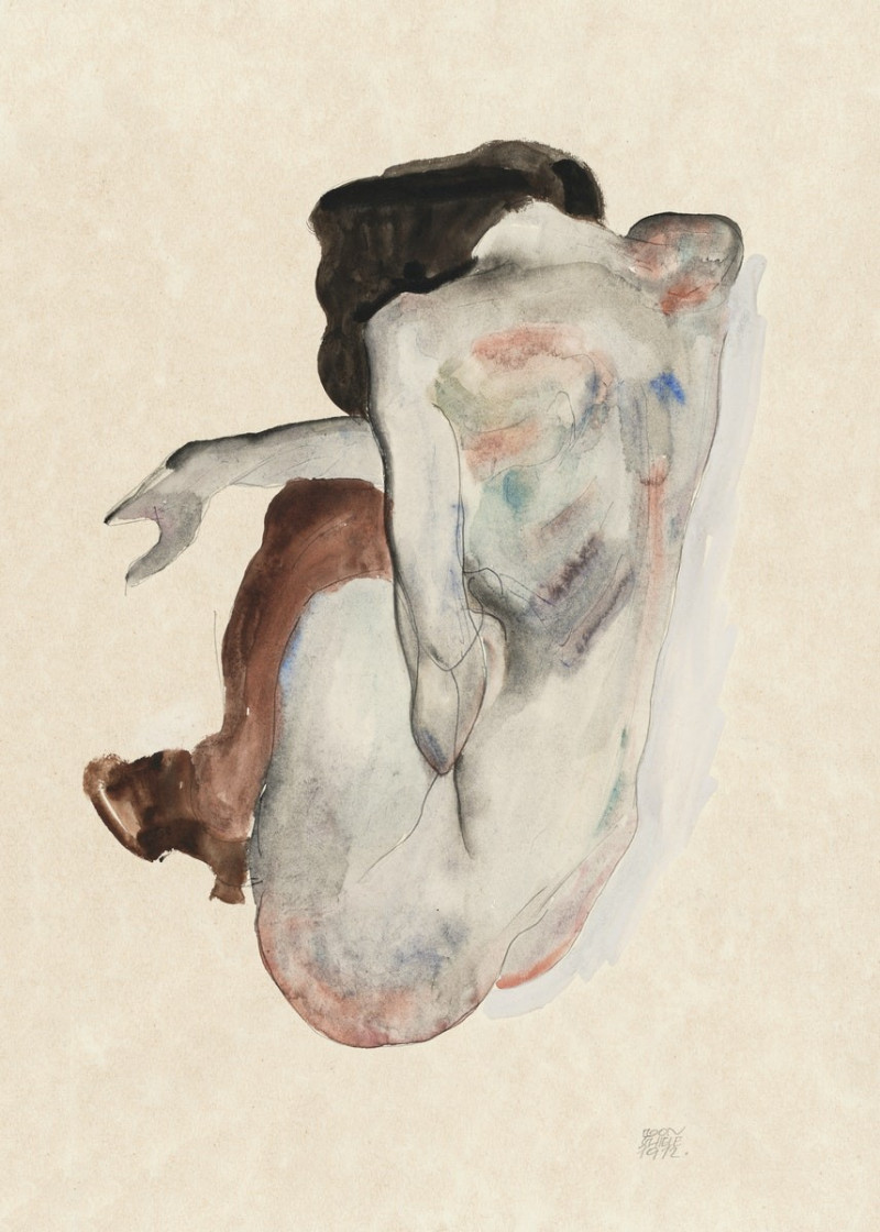 Naked lady. Crouching Nude in Shoes and Black Stockings, Back View reproduction of painting by Egon Schiele. Nude