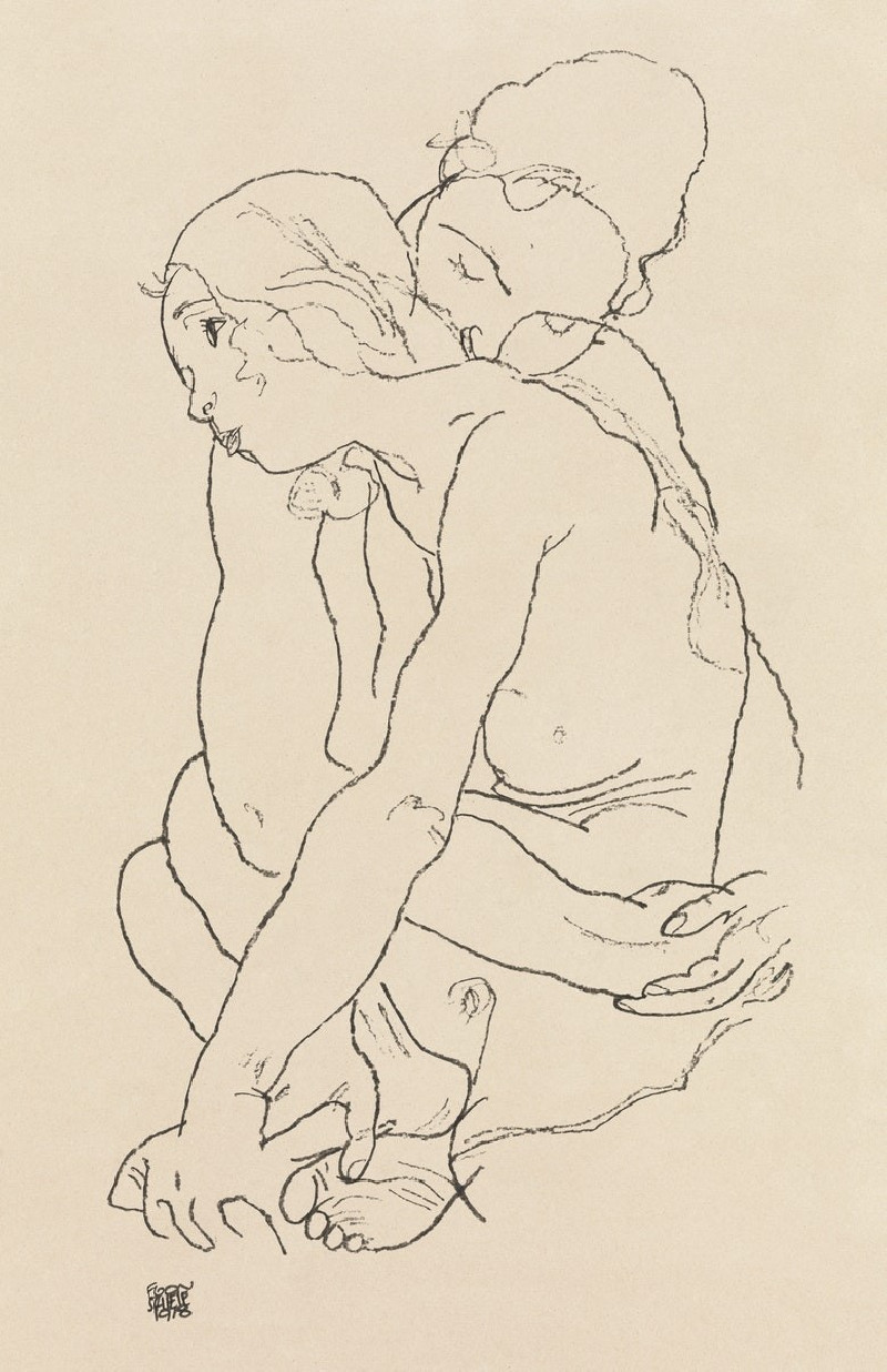 Egon Schiele reprodukcija Woman and Girl Embracing, Aktas , paveikslai, reprodukcijos internetu