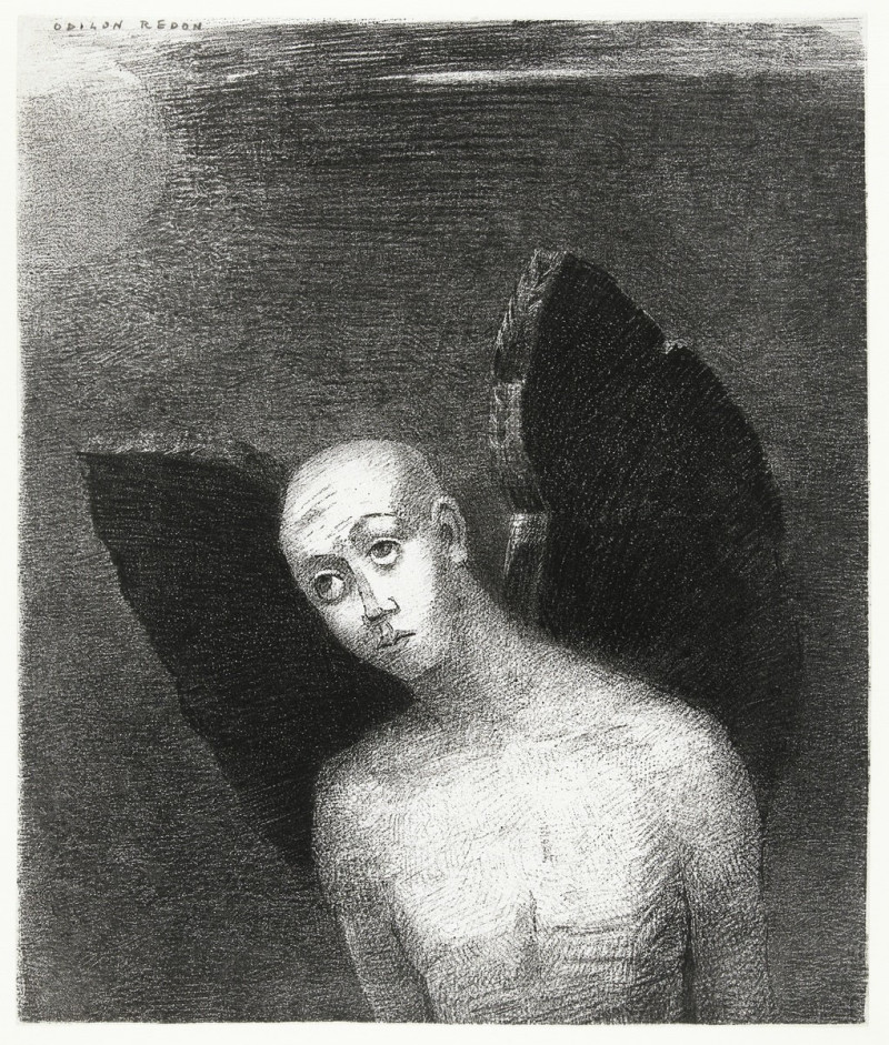 The Fallen Angel Spreads His Black Wings reproduction of painting by Odilon Redon. Classic paintings reproductions