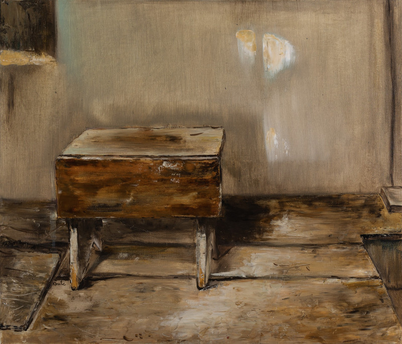 From a Cycle "Stories of a Mill" - "School Bench" reproduction of painting by Onutė Juškienė. Still-life