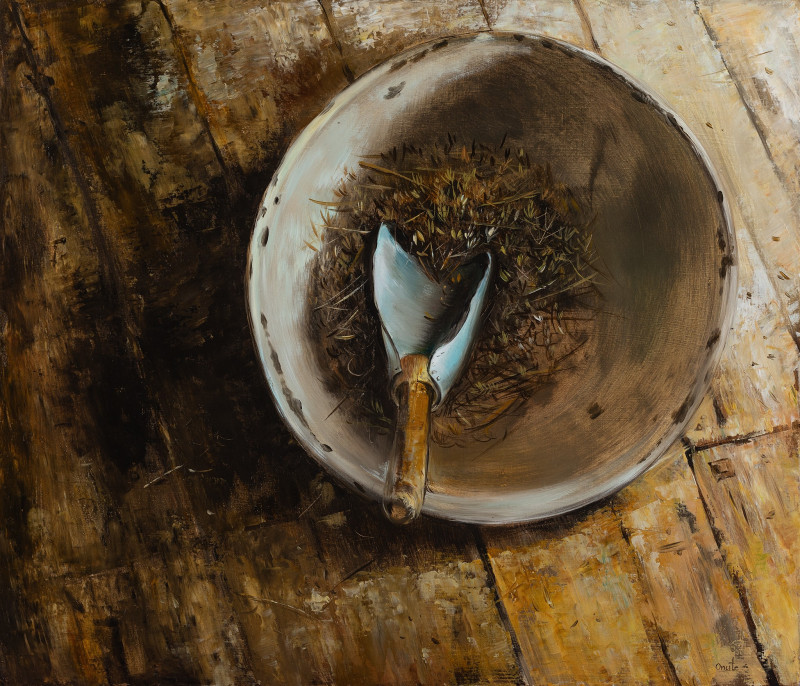 From a Cycle "Stories of the Mill" - "A Dish" reproduction of painting by Onutė Juškienė. Still-life