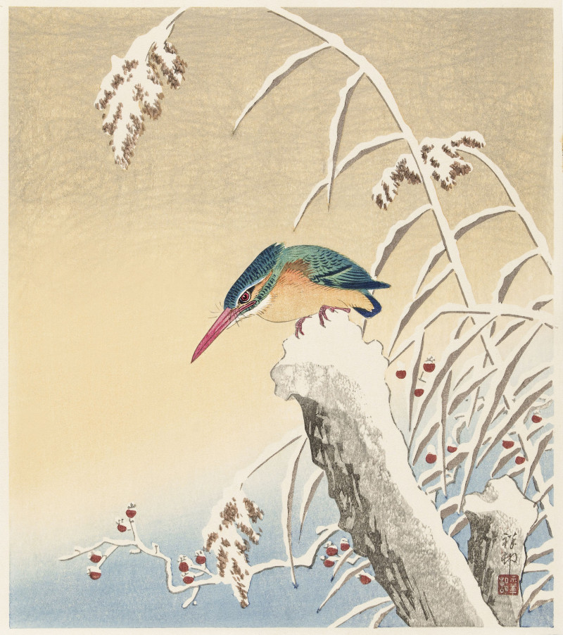 Kingfisher in the snow (1925 - 1936) reproduction of painting by Ohara Koson. Animalistic