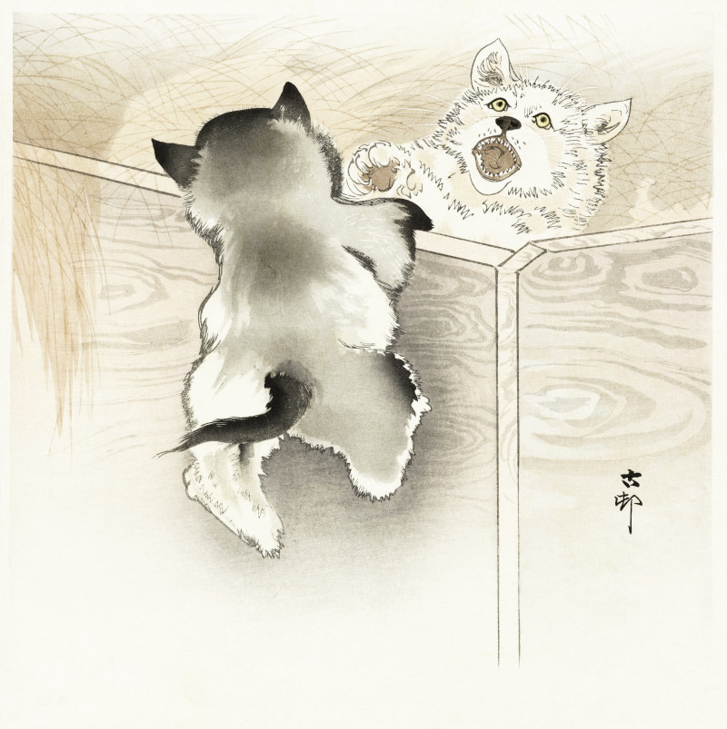 Two playing dogs (1900 - 1930) reproduction of painting by Ohara Koson. Animalistic