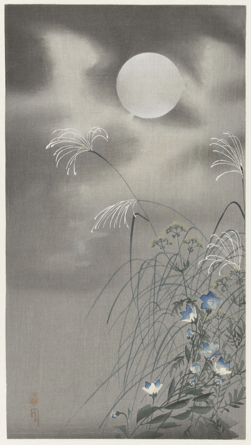 Grass and flowers at full moon (1900 - 1930) reproduction of painting by Ohara Koson. Landscape