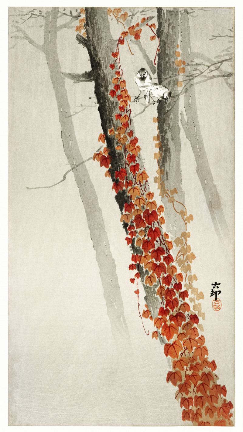 Ohara Koson reprodukcija Red ivy (1900 - 1930), Gyvūnai - Animalistinis , paveikslai, reprodukcijos internetu