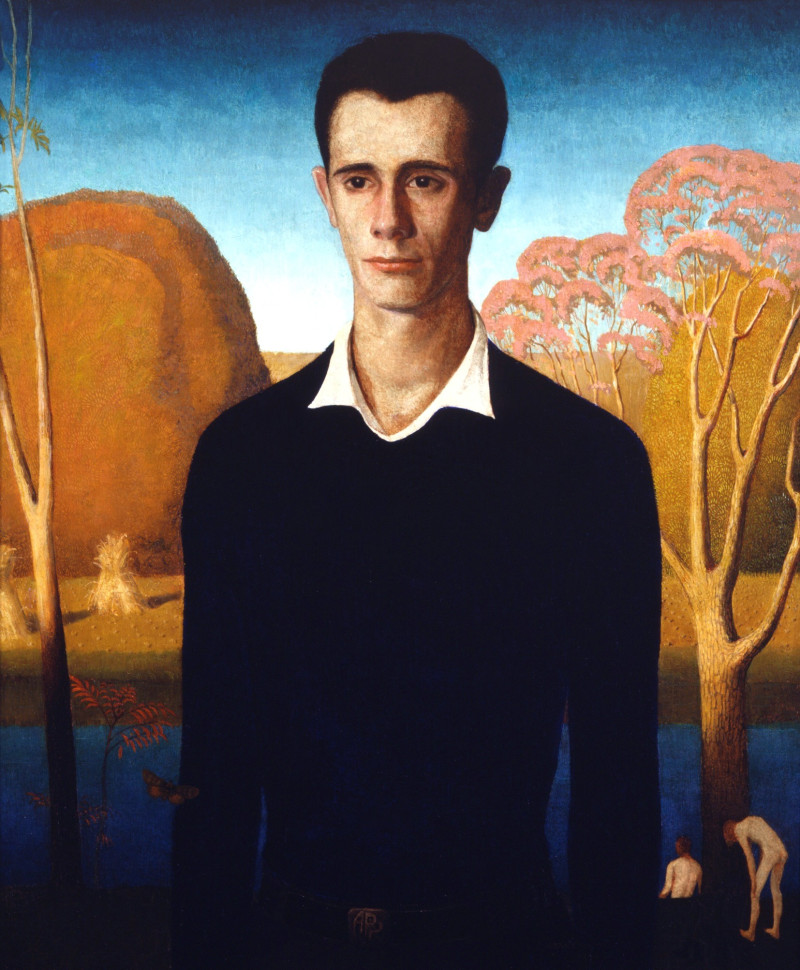 Arnold Comes of Age (1930) reproduction of painting by Grant Wood. Portrait