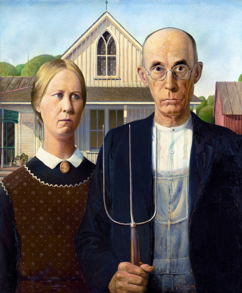 American Gothic (1930) reproduction of painting by Grant Wood. People