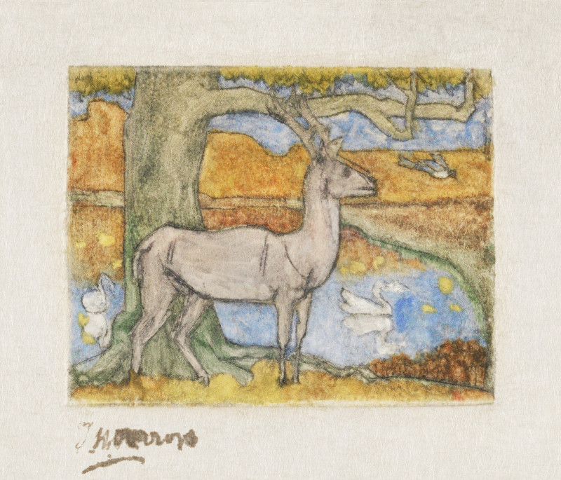 Deer near a Tree in Front of a Pond (1895) reproduction of painting by Jan Toorop. Animalistic