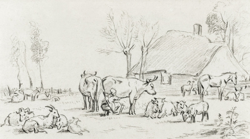 Farmyard with cattle and milking woman (1775-1883) reproduction of painting by Jean Bernard. Animalistic