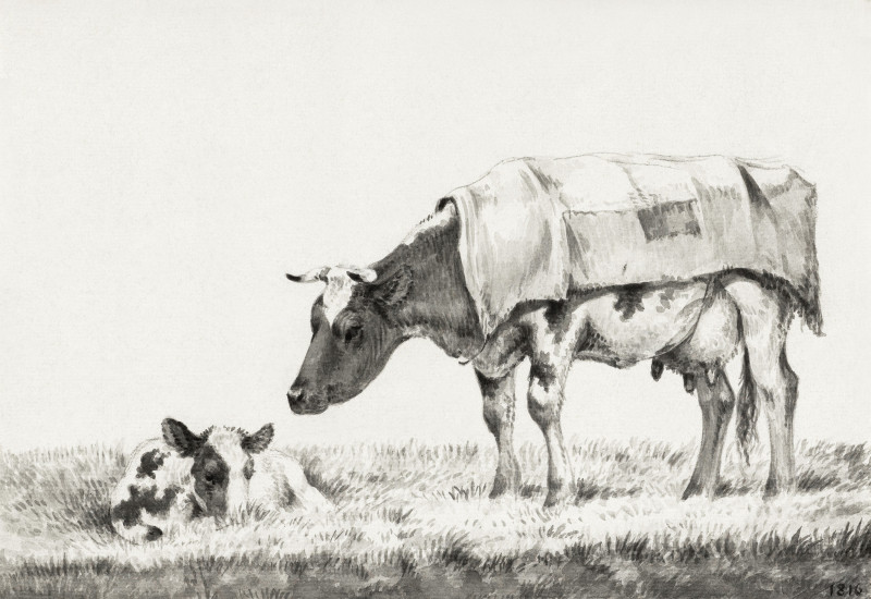 Standing Cow With Lying Calf (1816) reproduction of painting by Jean Bernard. Animalistic