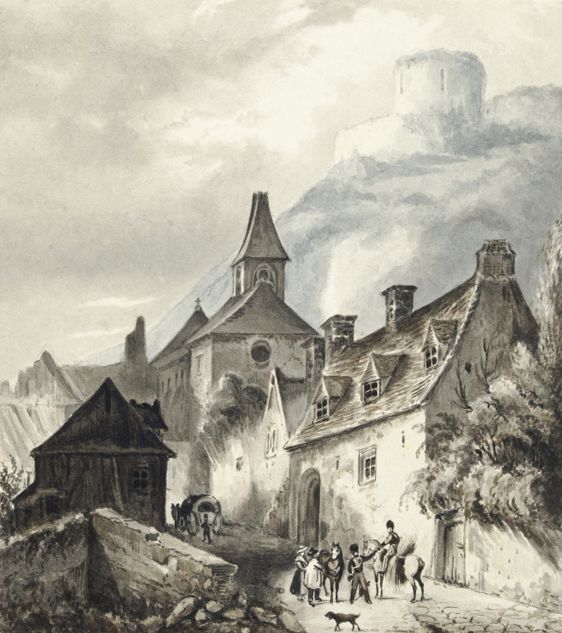 View of la Roche-Guyon (1775-1883) reproduction of painting by Jean Bernard. Classical Paintings