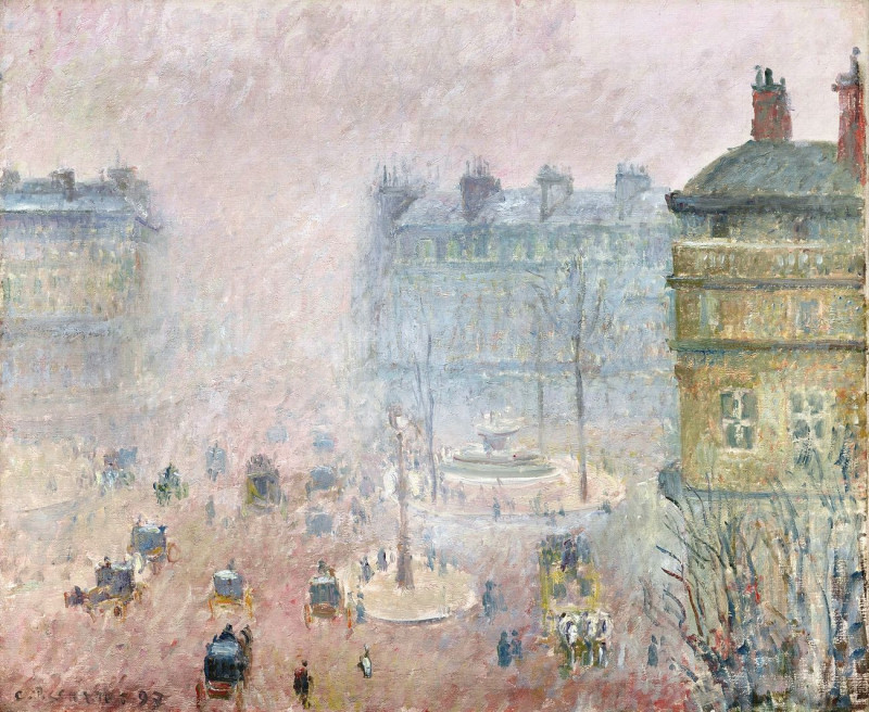 Place Du Theatre Francais: Fog Effect reproduction of painting by Camille Pissarro. ALL GICLEE PRINTS