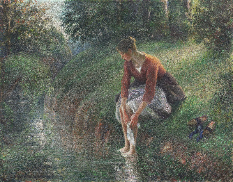 Woman Bathing Her Feet In A Brook reproduction of painting by Camille Pissarro. ALL GICLEE PRINTS