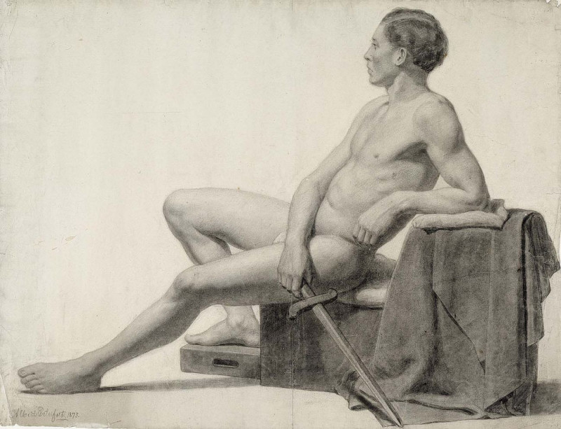 Seated Male Model Holding A Sword, Academy Study, 1873 reproduction of painting by Albert Edelfelt. ALL GICLEE PRINTS