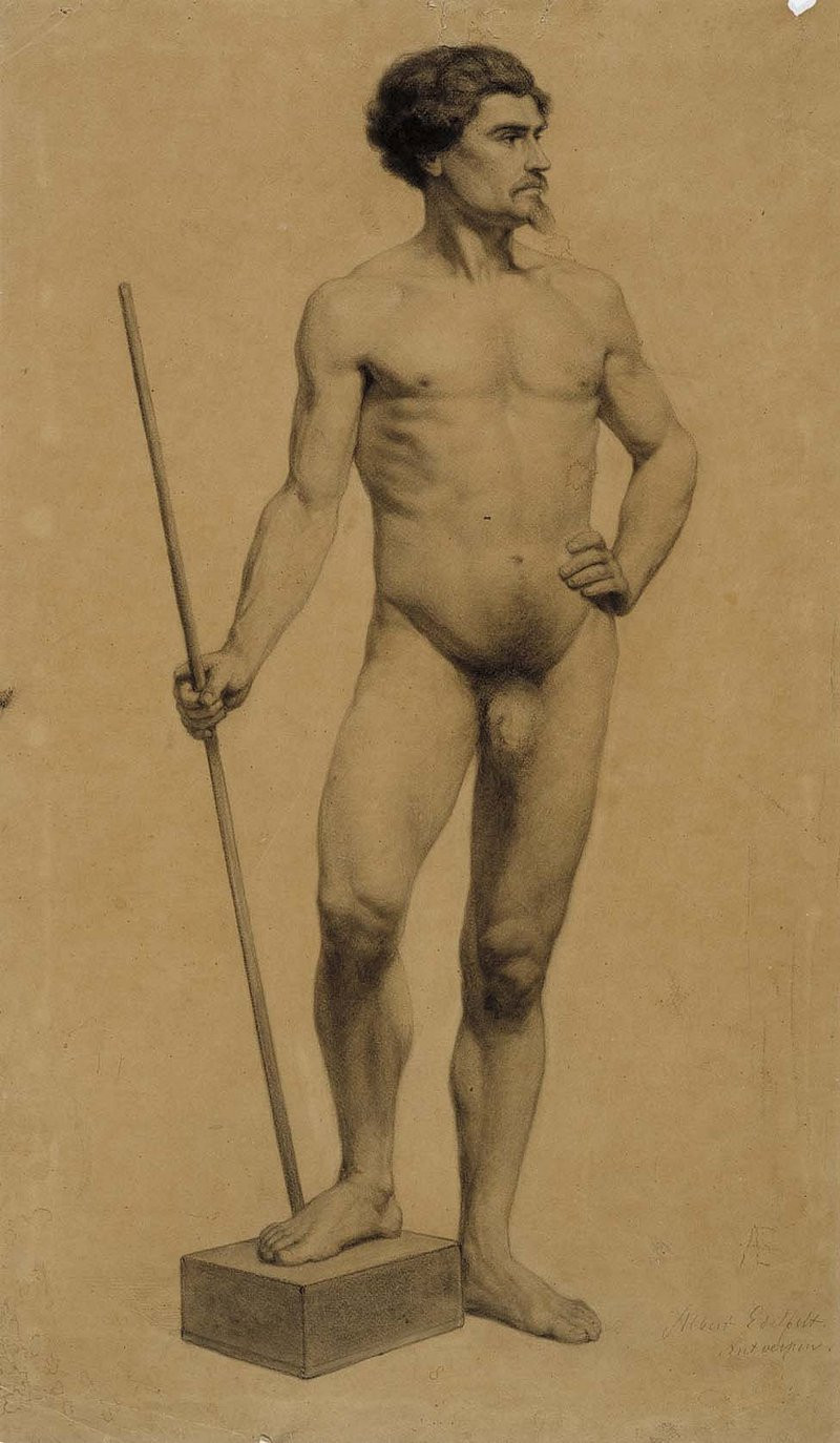 Standing Nude Man, Academy Study, 1875 reproduction of painting by Albert Edelfelt. Nude