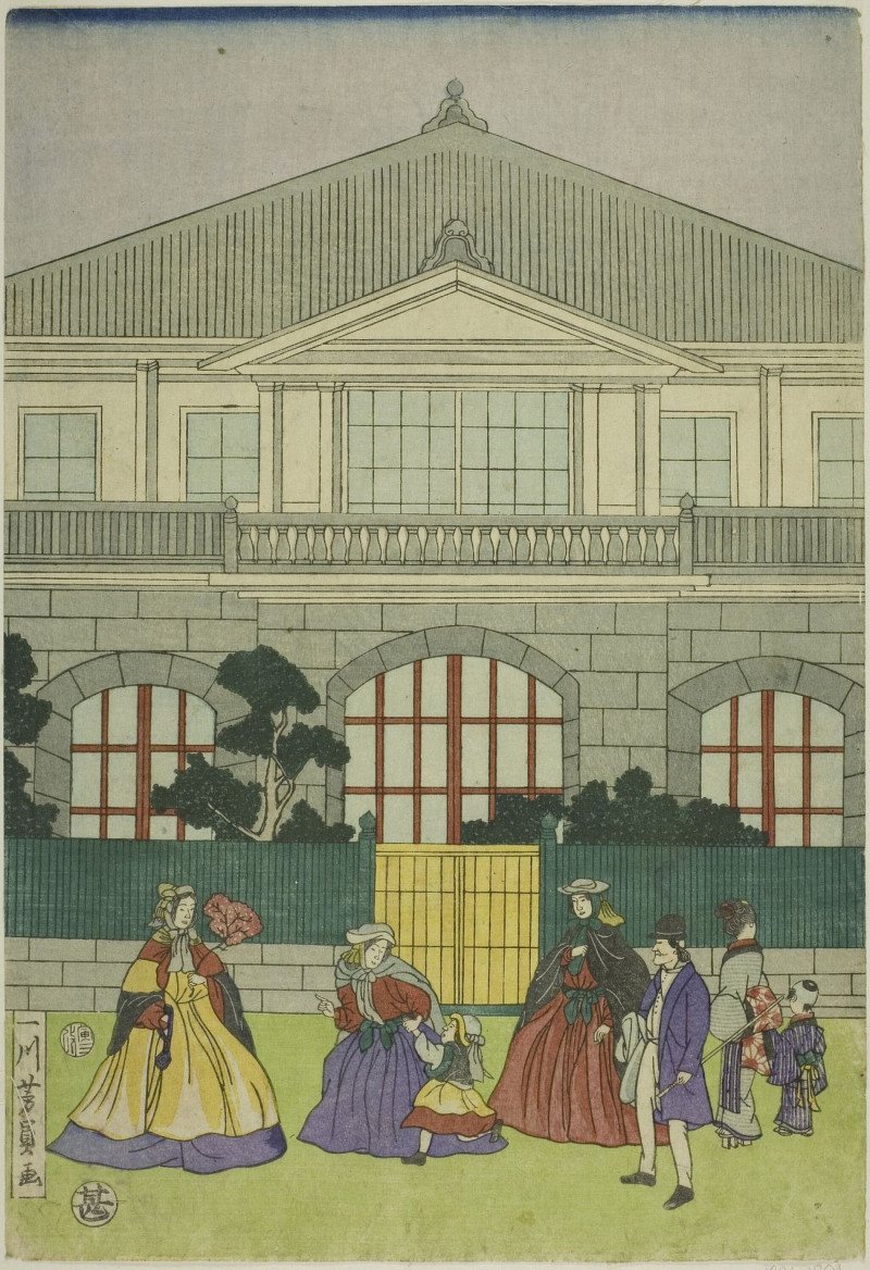 Residence Of French Merchant At Port Of Yokohama reproduction of painting by Utagawa Yoshikazu. ALL GICLEE PRINTS