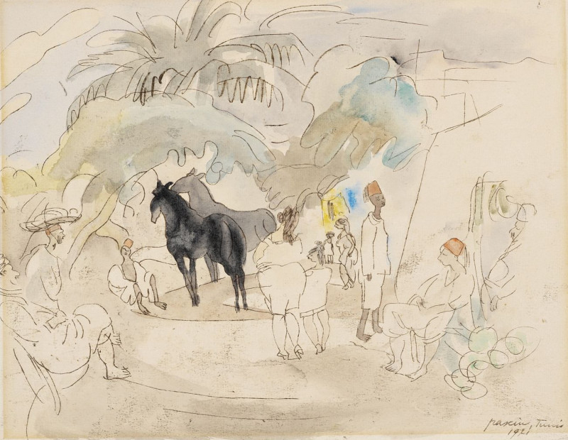 Figures And Two Horses In Landscape reproduction of painting by Jules Pascin. ALL GICLEE PRINTS