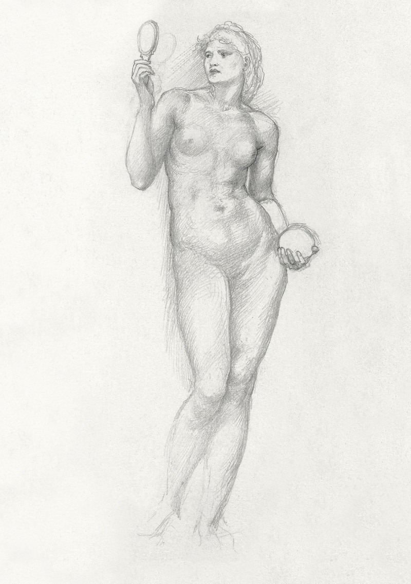 Nude Female Figure With Mirror In Right Hand reproduction of painting by Edward Burne Jones. Nude