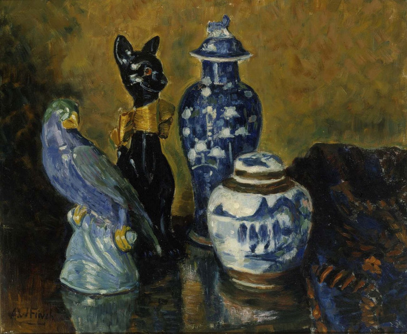 Still Life With Blue Figurines, reproduction of painting by Alfred William Finch. Still-life