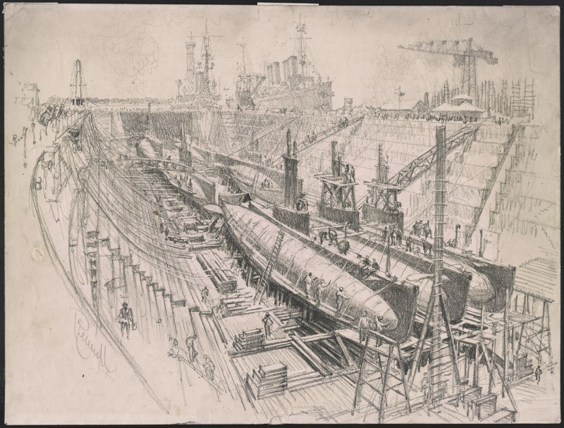 Submarines In Drydock reproduction of painting by Joseph Pennell. ALL GICLEE PRINTS