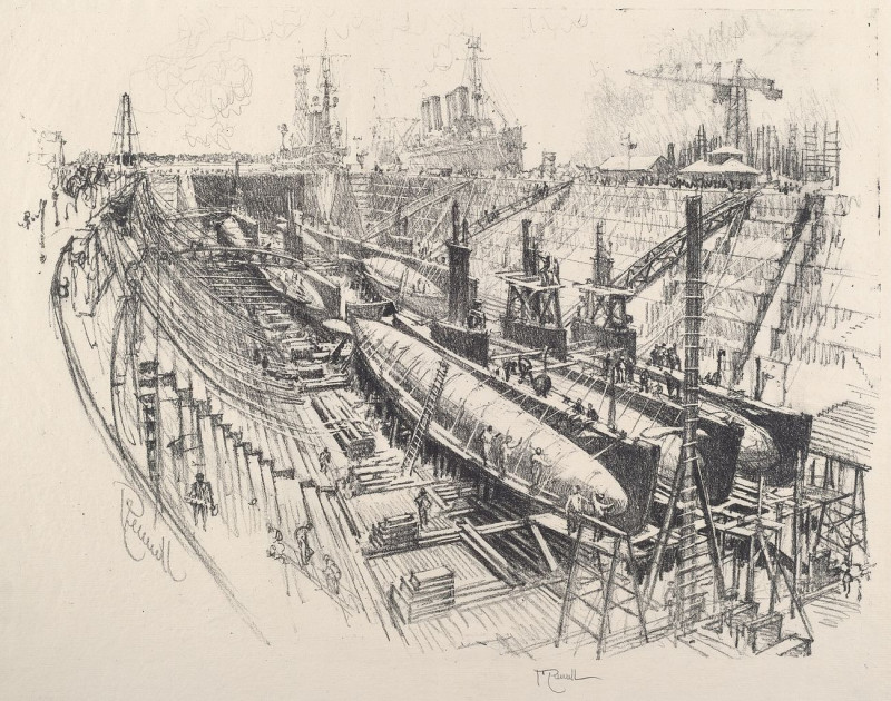 Submarines In Dry Dock reproduction of painting by Joseph Pennell. ALL GICLEE PRINTS