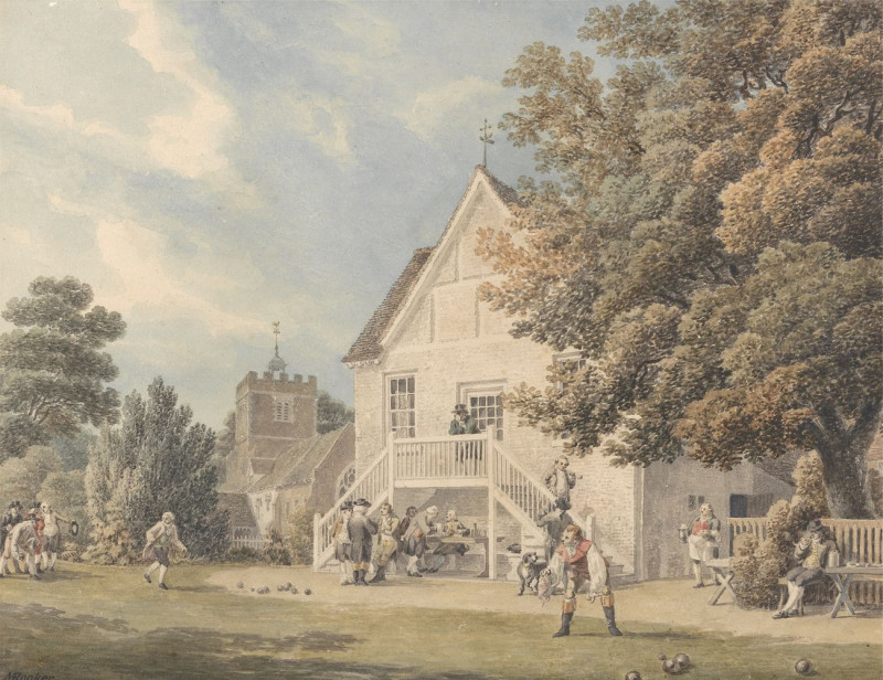 A Game Of Bowls On The Bowling Green Outside The Bunch Of Grapes Inn, Hurst, Berkshire reproduction of painting by Michael An...