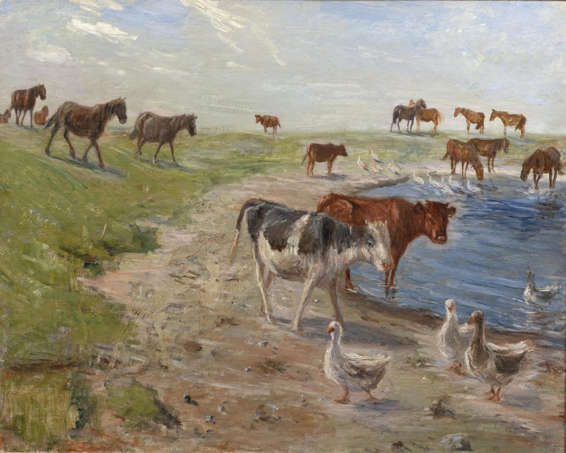 Calves And Geese At A Watering Hole reproduction of painting by Theodor Philipsen. ALL GICLEE PRINTS