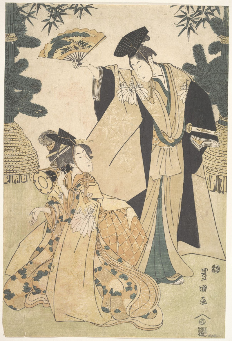 Young Lady With Drum And Man With Fan Saluting Her reproduction of painting by Utagawa Toyokuni. ALL GICLEE PRINTS