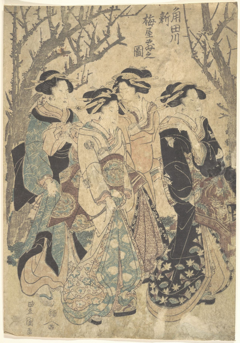 Four Women Passing A Group Of Trees reproduction of painting by Utagawa Toyokuni. ALL GICLEE PRINTS