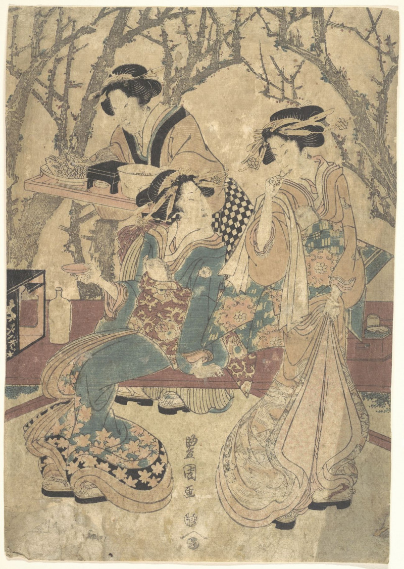 Three Women Dining Before A Group Of Trees reproduction of painting by Utagawa Toyokuni. ALL GICLEE PRINTS