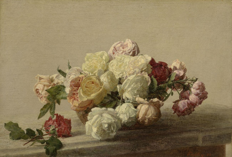 Bowl Of Roses On A Marble Table reproduction of painting by Henri Fantin-Latou. ALL GICLEE PRINTS