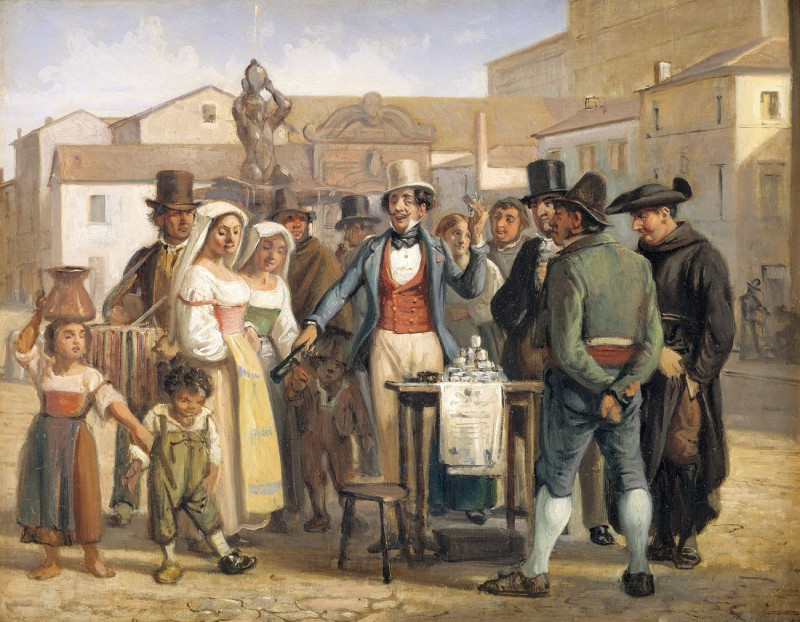 A Charlatan Selling Blacking In The Piazza Barberini In Rome reproduction of painting by Wilhelm Marstrand. ALL GICLEE PRINTS