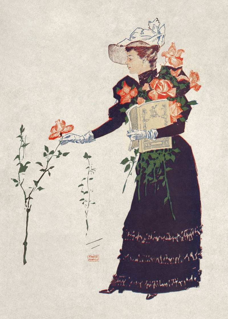 Woman Picking Up Flowers reproduction of painting by Edward Penfield. ALL GICLEE PRINTS