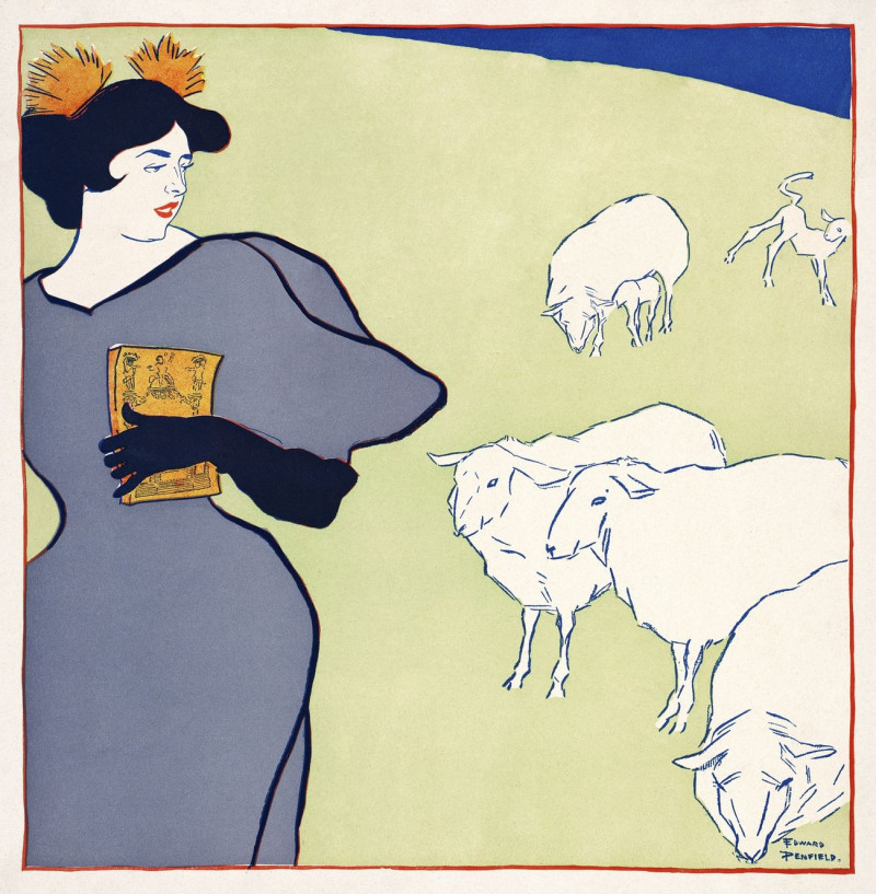 Woman And Sheep reproduction of painting by Edward Penfield. ALL GICLEE PRINTS