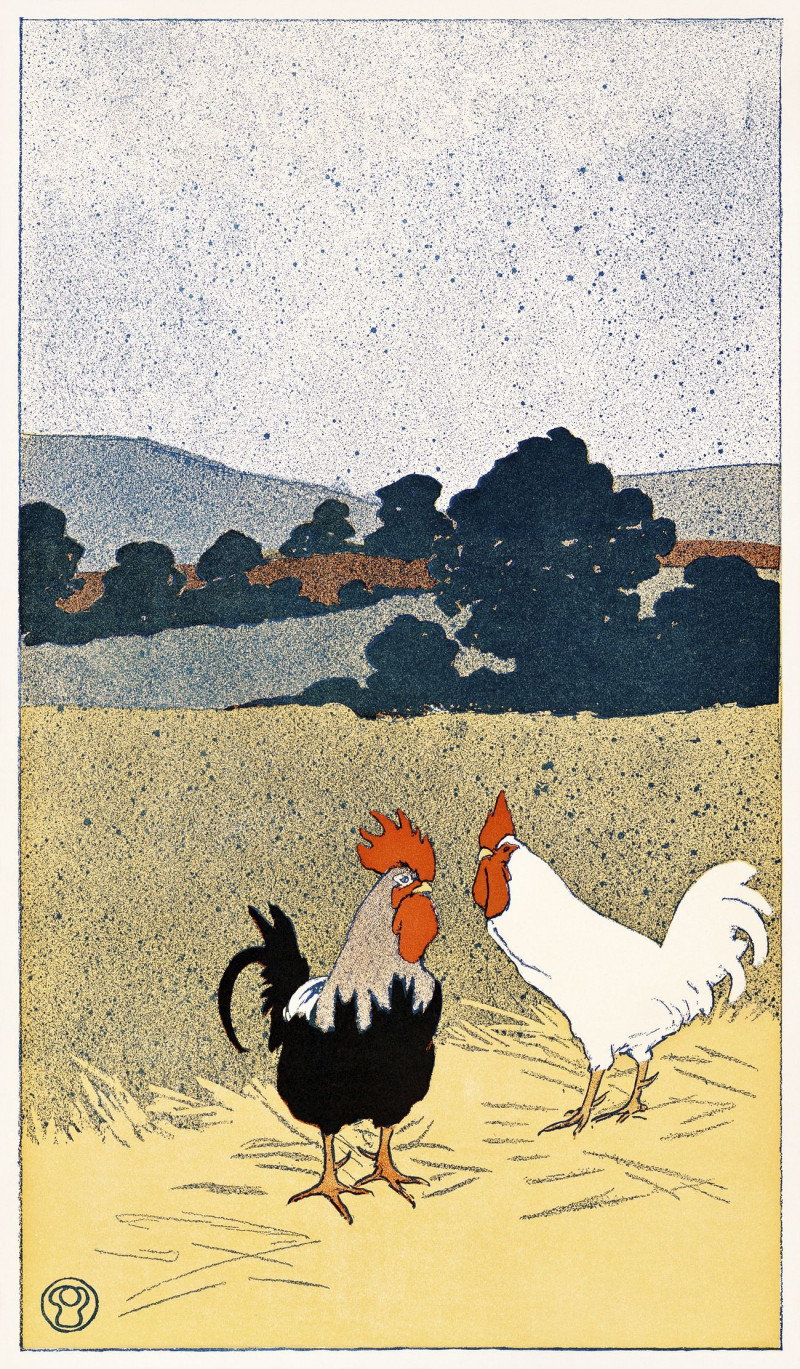 Two Roosters In A Field reproduction of painting by Edward Penfield. ALL GICLEE PRINTS