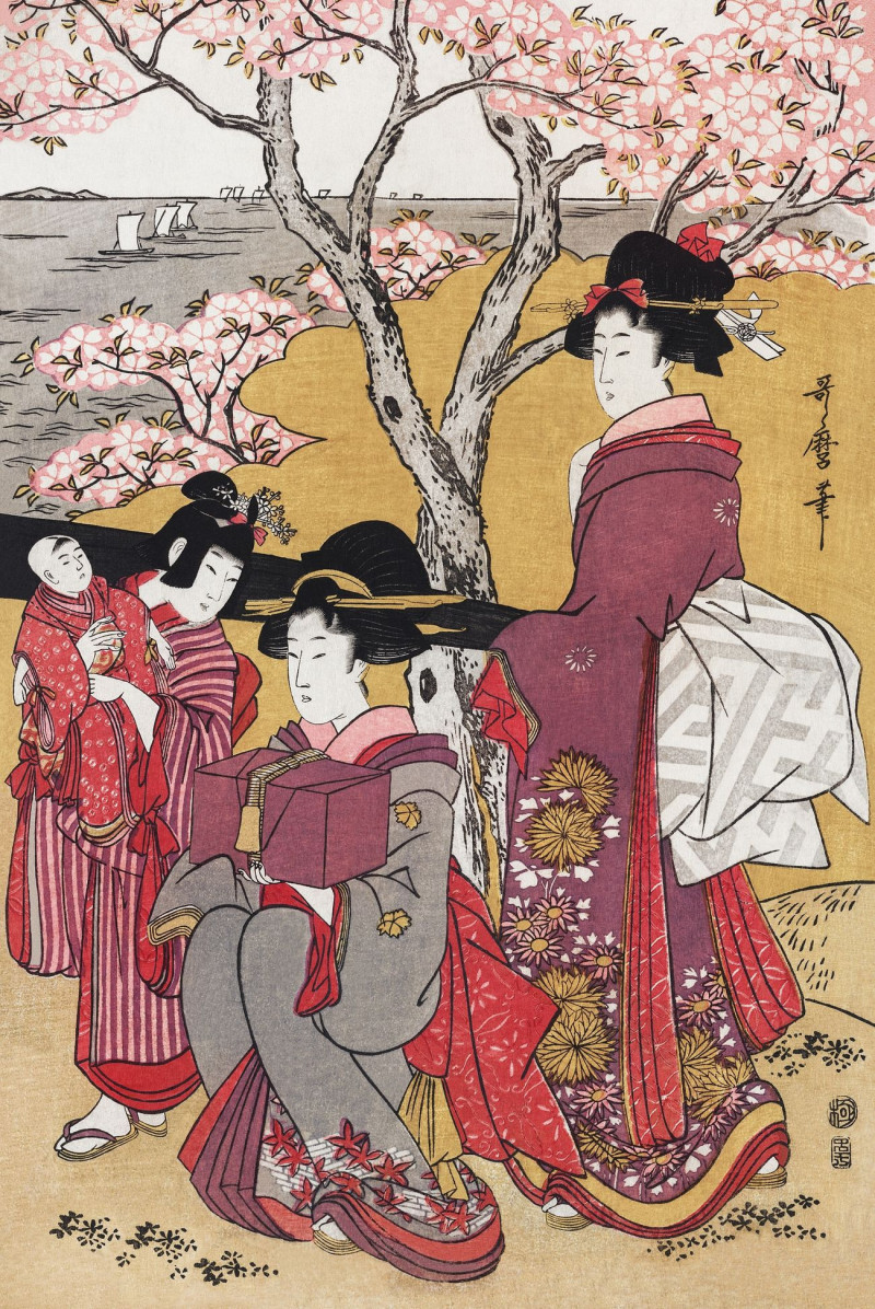 Japanese Women And Cherry Blossom reproduction of painting by Kitagawa Utamaro. ALL GICLEE PRINTS