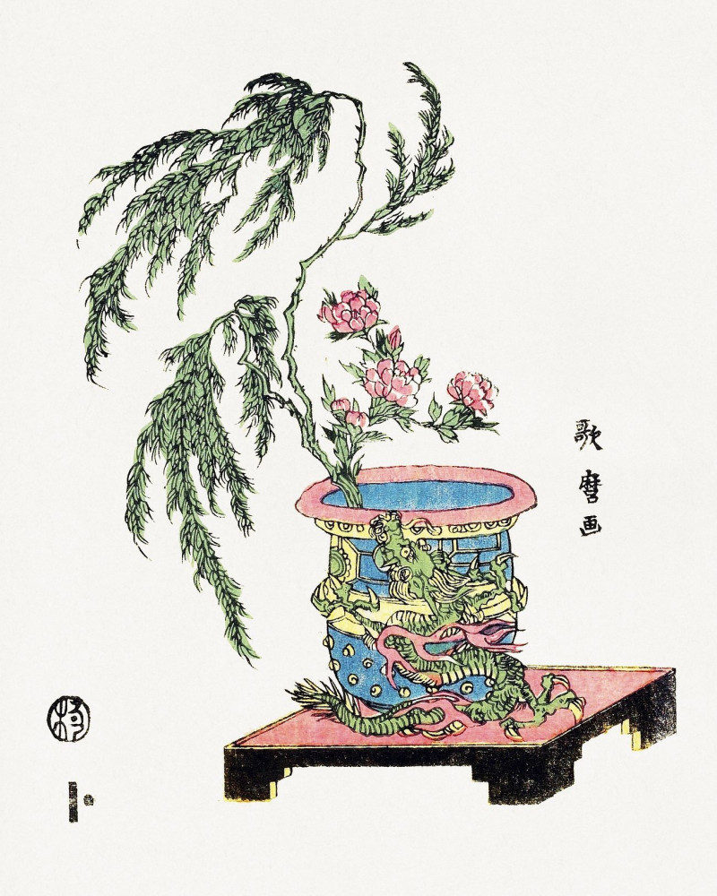 Japanese Ikebana, Willow And Peonies In Dragon Pot reproduction of painting by Kitagawa Utamaro. ALL GICLEE PRINTS