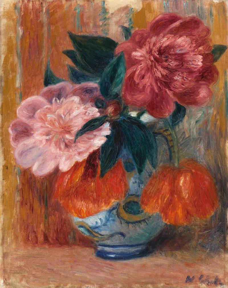 William James Glackens reprodukcija Tulips And Peonies In Pitcher, VISOS REPRODUKCIJOS , paveikslai, reprodukcijos internetu