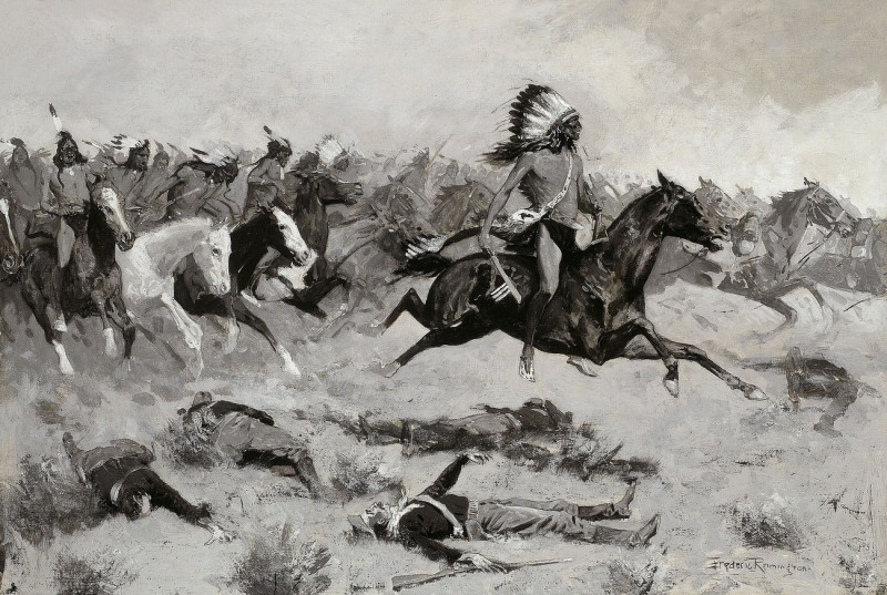 Rushing Red Lodges Passed Through The Line reproduction of painting by Frederic Remington. ALL GICLEE PRINTS