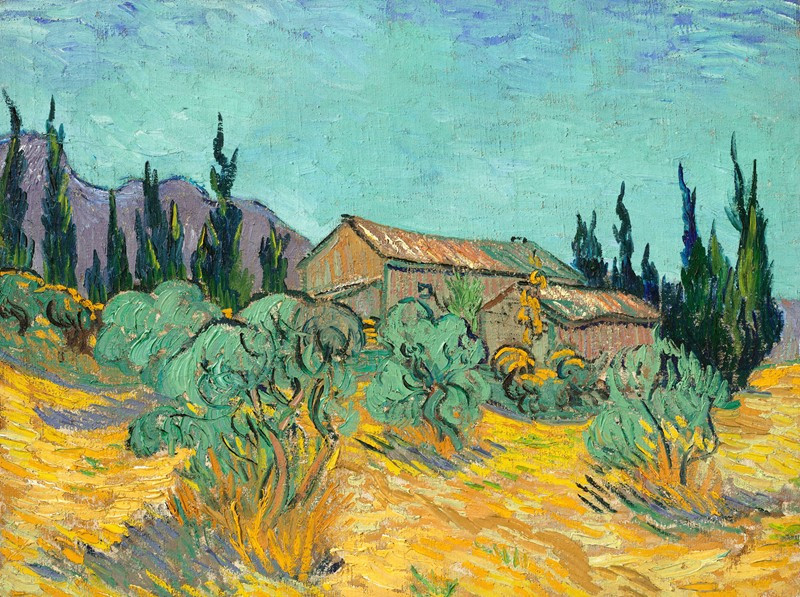 Cabanes de bois parmi les oliviers et cyprès (1889) reproduction of painting by Vincent Van Gogh. ALL GICLEE PRINTS