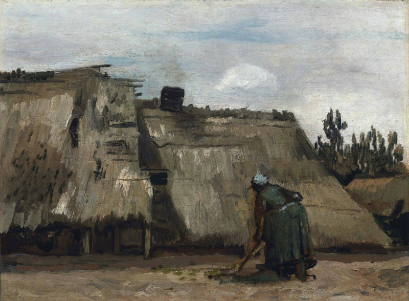 A Peasant Woman Digging in Front of Her Cottage (c. 1885) reproduction of painting by Vincent Van Gogh. ALL GICLEE PRINTS