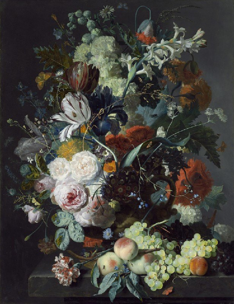 Jan van Huysum reprodukcija Still Life with Flowers and Fruit (c. 1715), Natiurmortas , paveikslai, reprodukcijos internetu