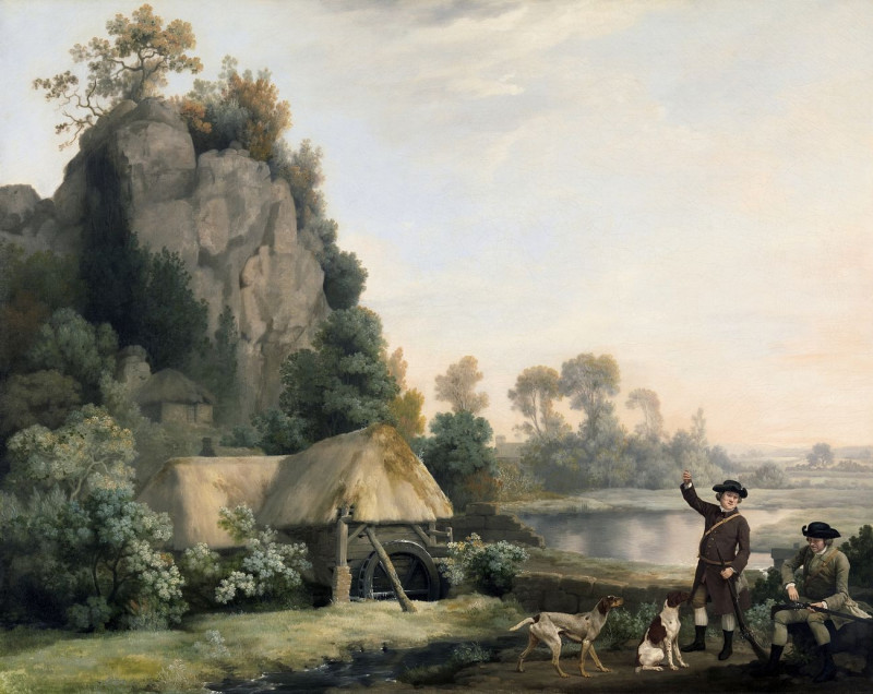 Two Gentlemen Going A Shooting, With A View Of Creswell Crags, Taken On The Spot reproduction of painting by George Stubbs. A...